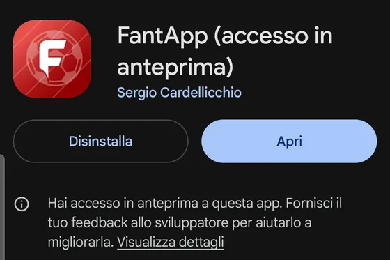 Scheda di FantApp nel Play Store con il banner dell'accesso in anteprima