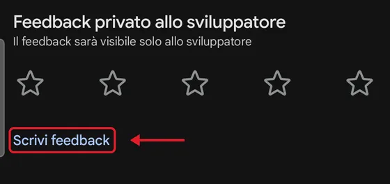 Sezione «Feedback privato allo sviluppatore» con il link «Scrivi feedback» evidenziato
