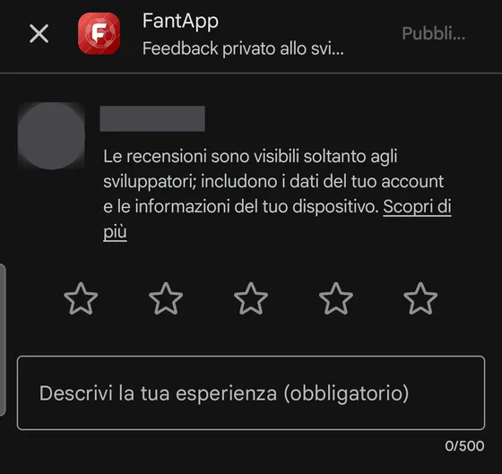 Modulo di feedback con le stelle e il campo di testo